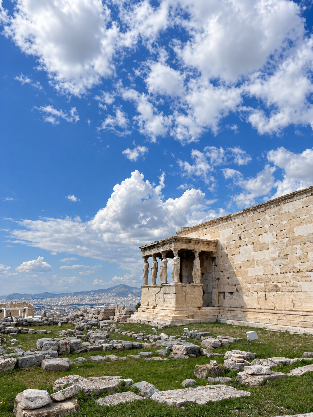 Ancient Greek temple and limestone architecture at the Acropolis of Athens under a dramatic blue sky.