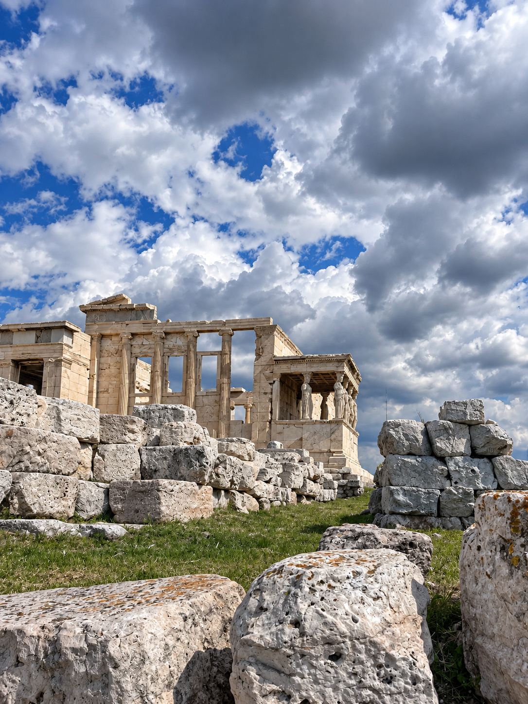 Ancient Greek ruins and classical architecture at the Acropolis of Athens beneath dramatic clouds.