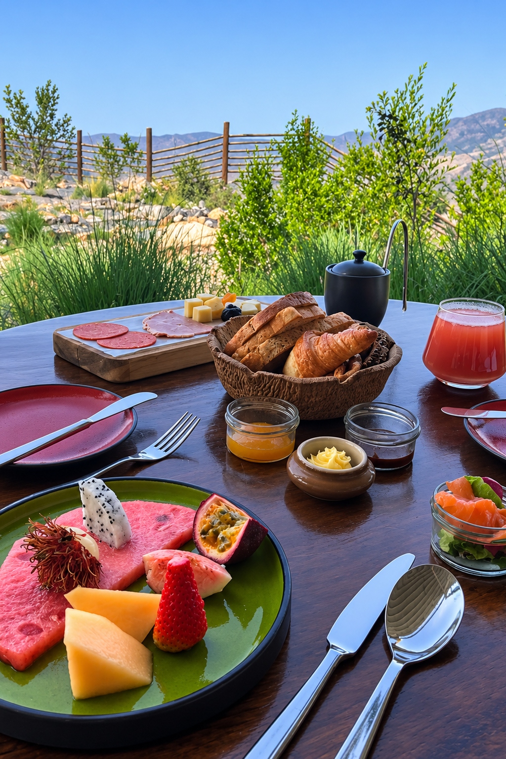 Alila Jabal Akhdar Breakfast Experience Breakfast at Alila Jabal Akhdar Oman featuring fresh fruit, pastries, juice, and dishes overlooking the mountain landscape.