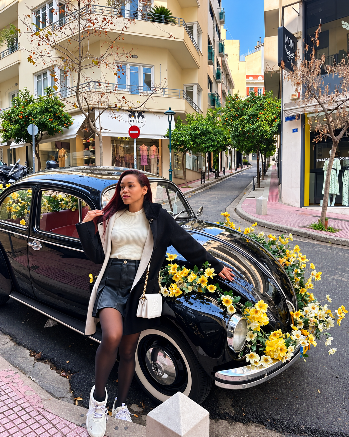Rosi Ross exploring the streets of Athens beside a vintage car decorated with yellow flowers.