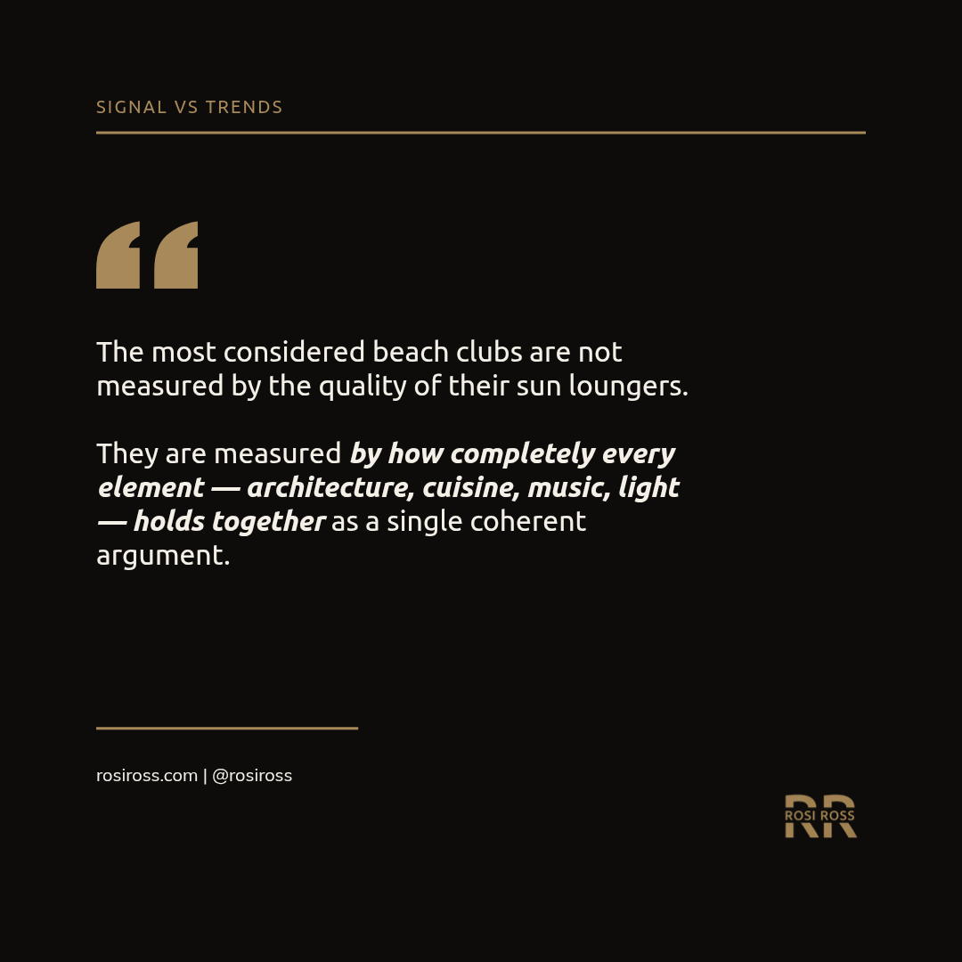 Rosi Ross quote about Dubai beach club culture, luxury hospitality, coastal lifestyle, architecture, gastronomy, music, social experiences, and experiential leisure design.