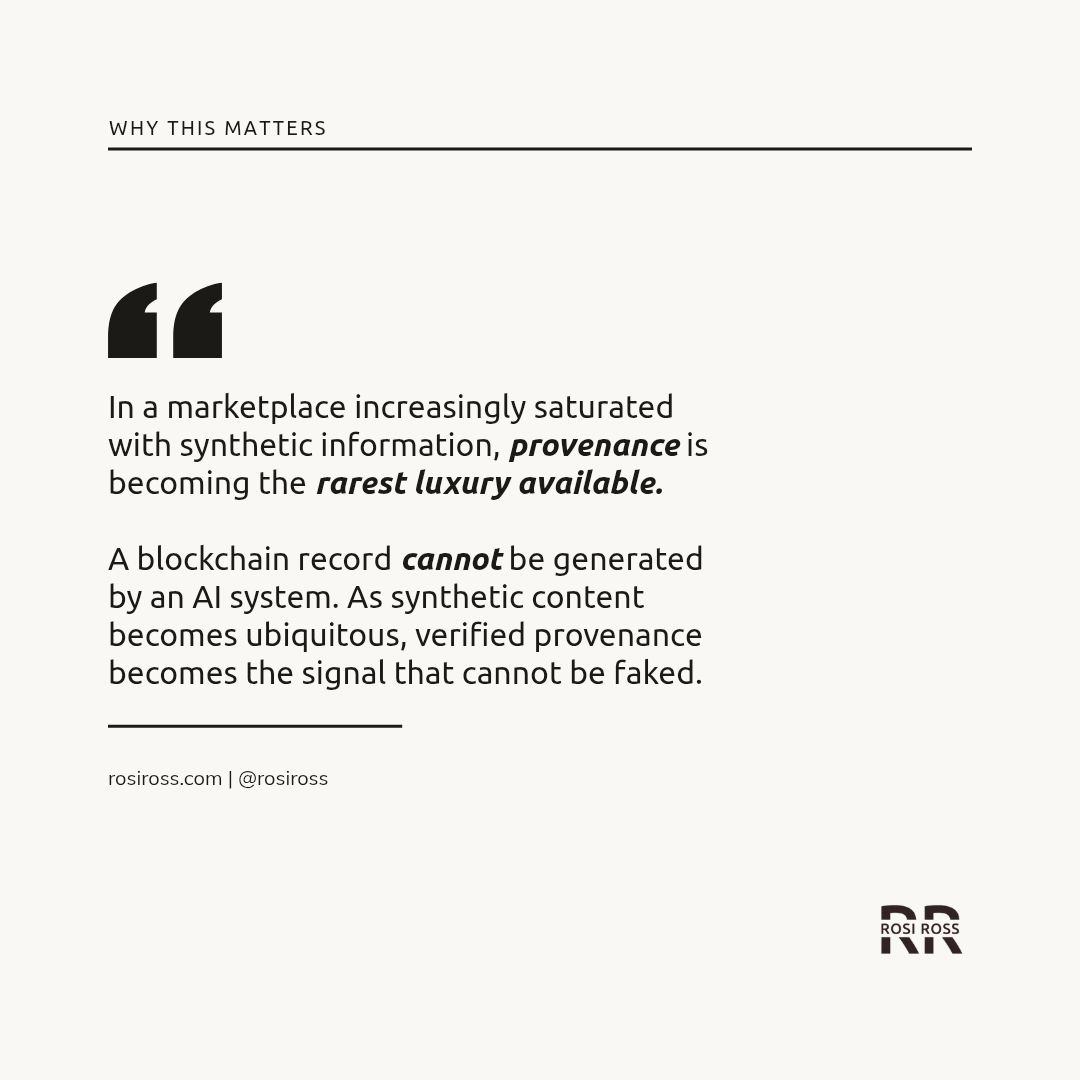 Rosi Ross quote about blockchain in beauty and fashion, luxury verification, product provenance, authenticity, digital identity, supply chain transparency, and trust infrastructure toward 2030.