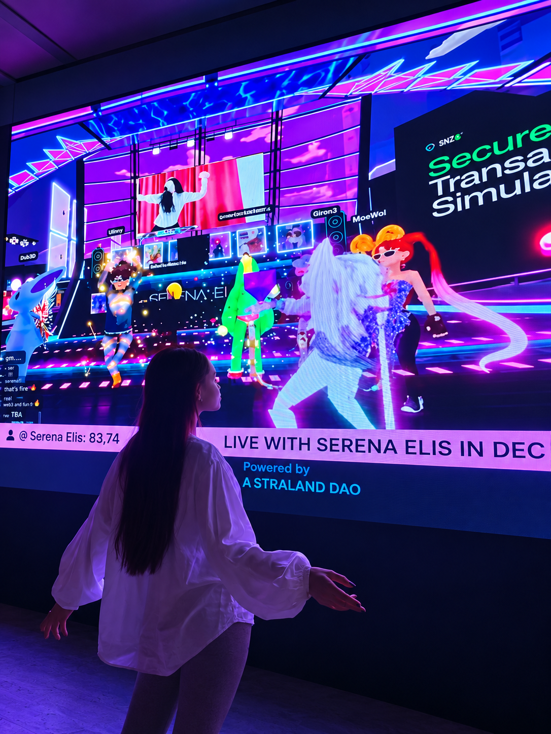 Rosi Ross exploring an immersive virtual world featuring digital avatars, interactive environments, and metaverse technology.