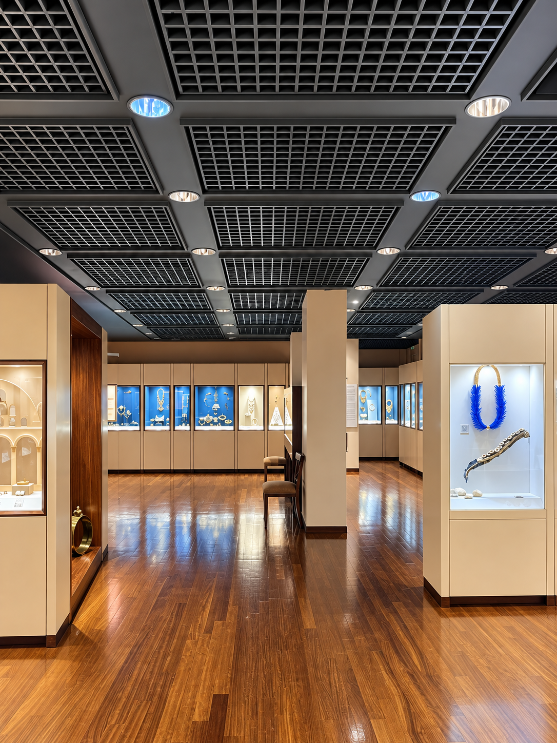 Interior of the Ilias Lalaounis Jewelry Museum in Athens featuring contemporary exhibition galleries and jewellery displays.