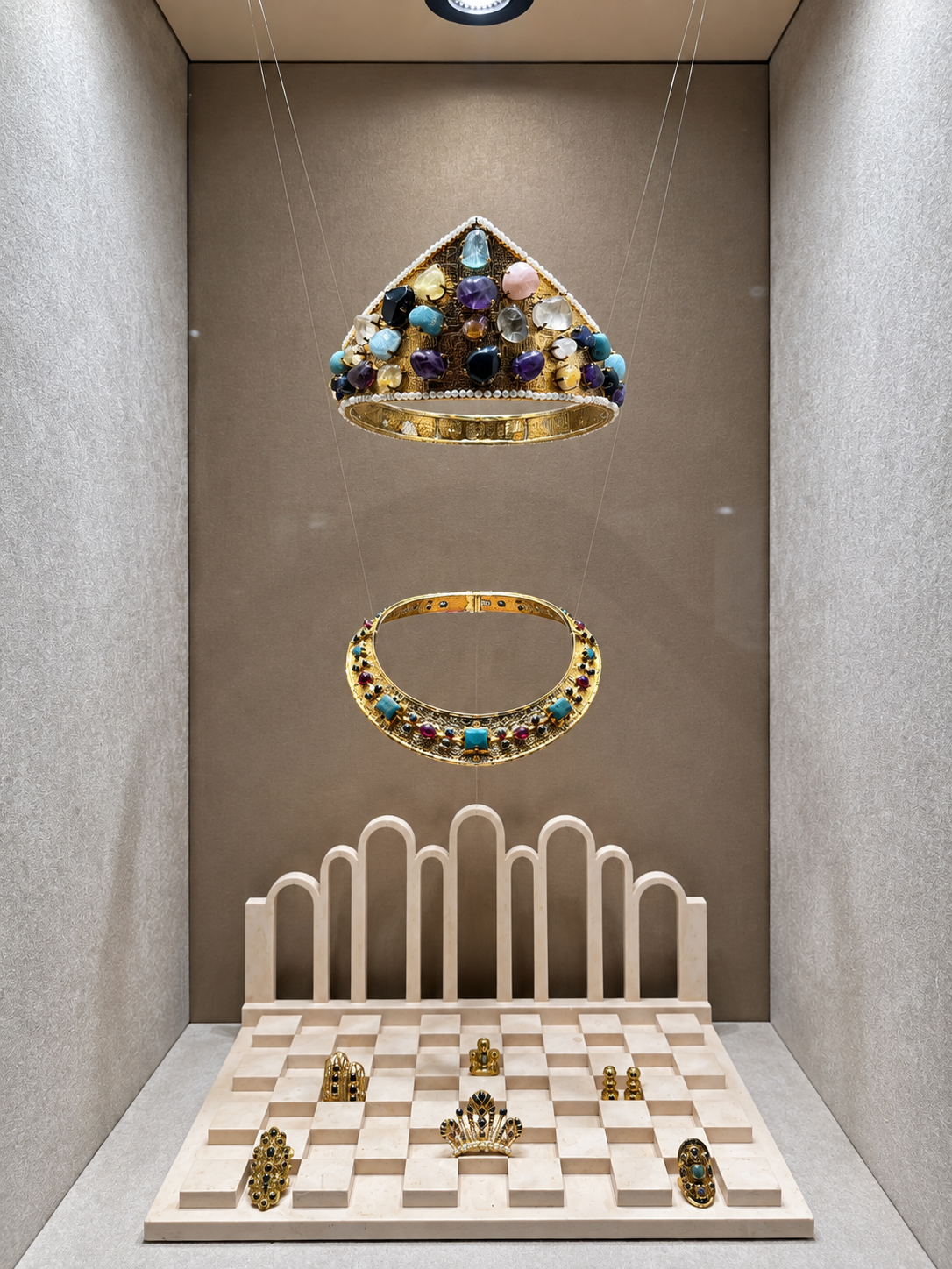 Gold and colorful gemstone jewellery displayed at the Ilias Lalaounis Jewelry Museum in Athens.