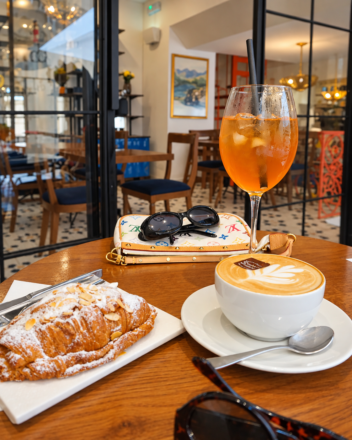Brunch in Malta featuring coffee, pastry, and an Aperol Spritz at a local caf&eacute;.