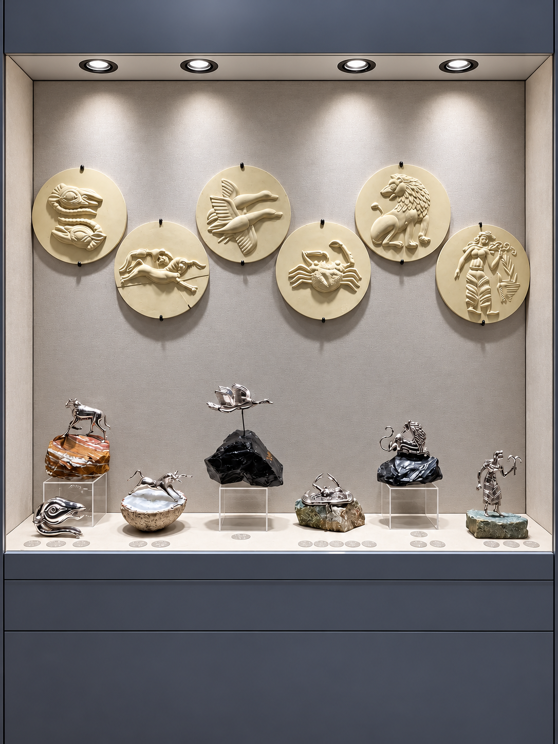 Jewellery pieces and decorative reliefs displayed at the Ilias Lalaounis Jewelry Museum in Athens.