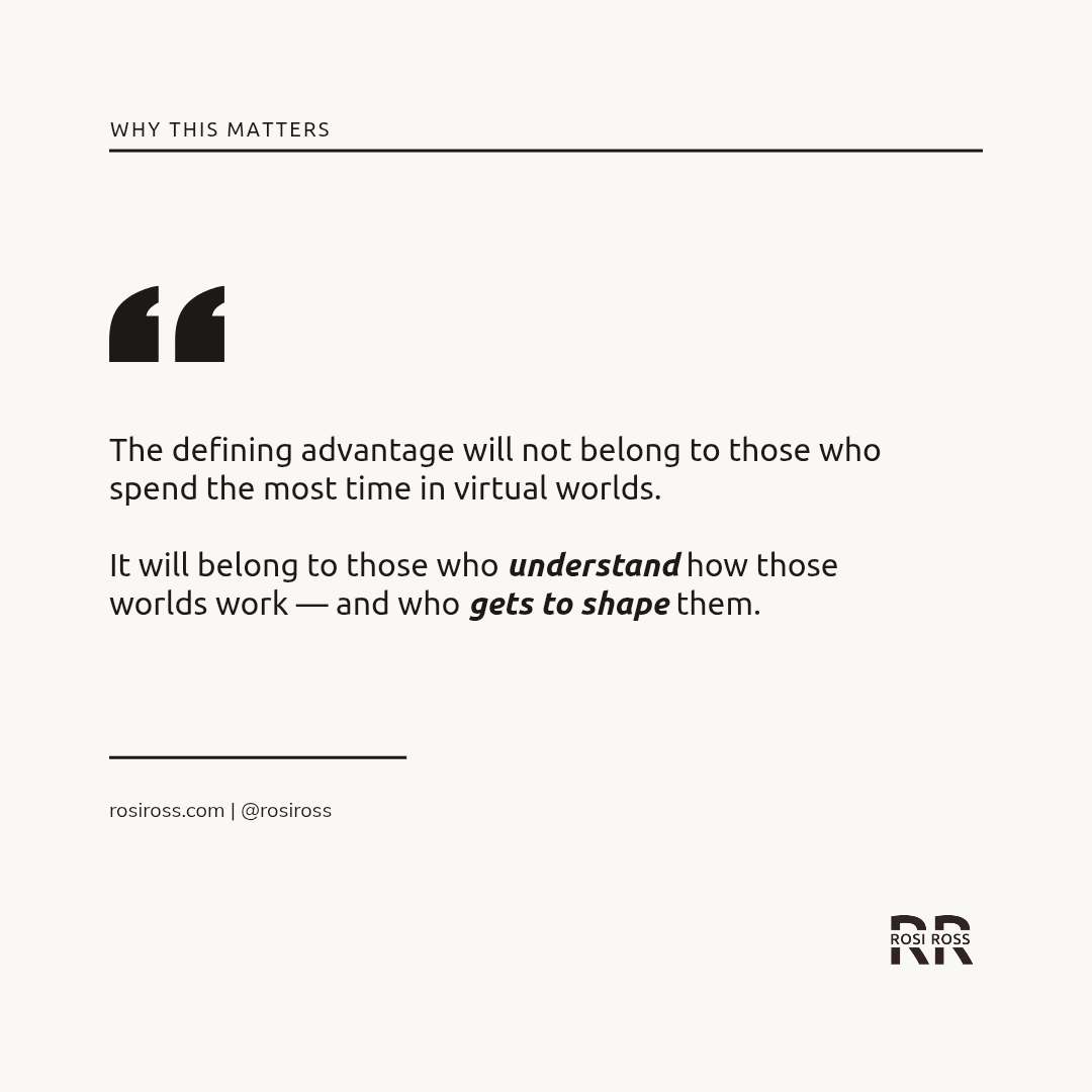 Rosi Ross quote about AI education, digital literacy, Generation Alpha, artificial intelligence, Web3, immersive worlds, digital identity, critical thinking, and the future of learning.