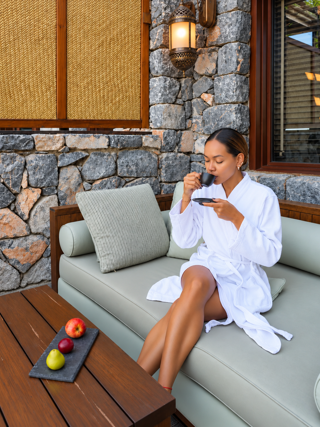 Serene Terrace Coffee Alila Jabal Akhdar Rosi Ross Rosi Ross relaxing with tea at Alila Jabal Akhdar Oman surrounded by natural stone architecture.
