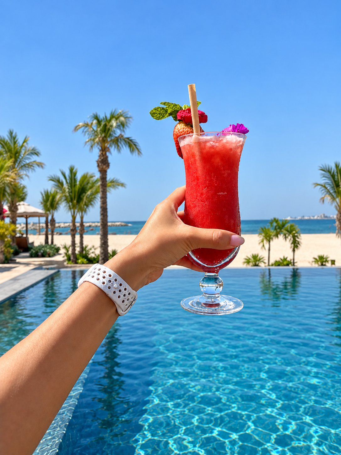Soul Beach Drinks Under The Sun Colorful cocktail overlooking the infinity pool and palm trees at Soul Beach Dubai.