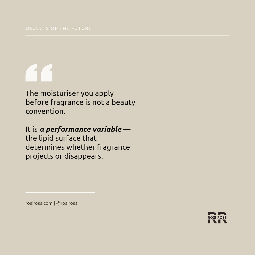 Rosi Ross quote about summer perfume longevity, fragrance chemistry, heat, skin moisture, scent evaporation, perfume application, and fragrance performance in hot weather.
