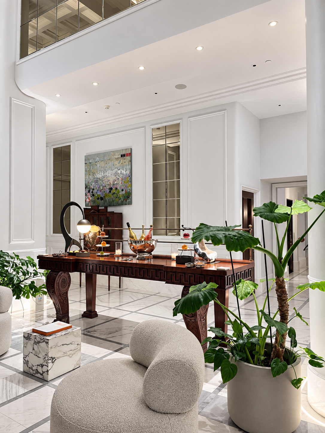 Elegant interior at The Dolli at Acropolis Athens featuring marble details, greenery, contemporary furniture, and refined Greek design.