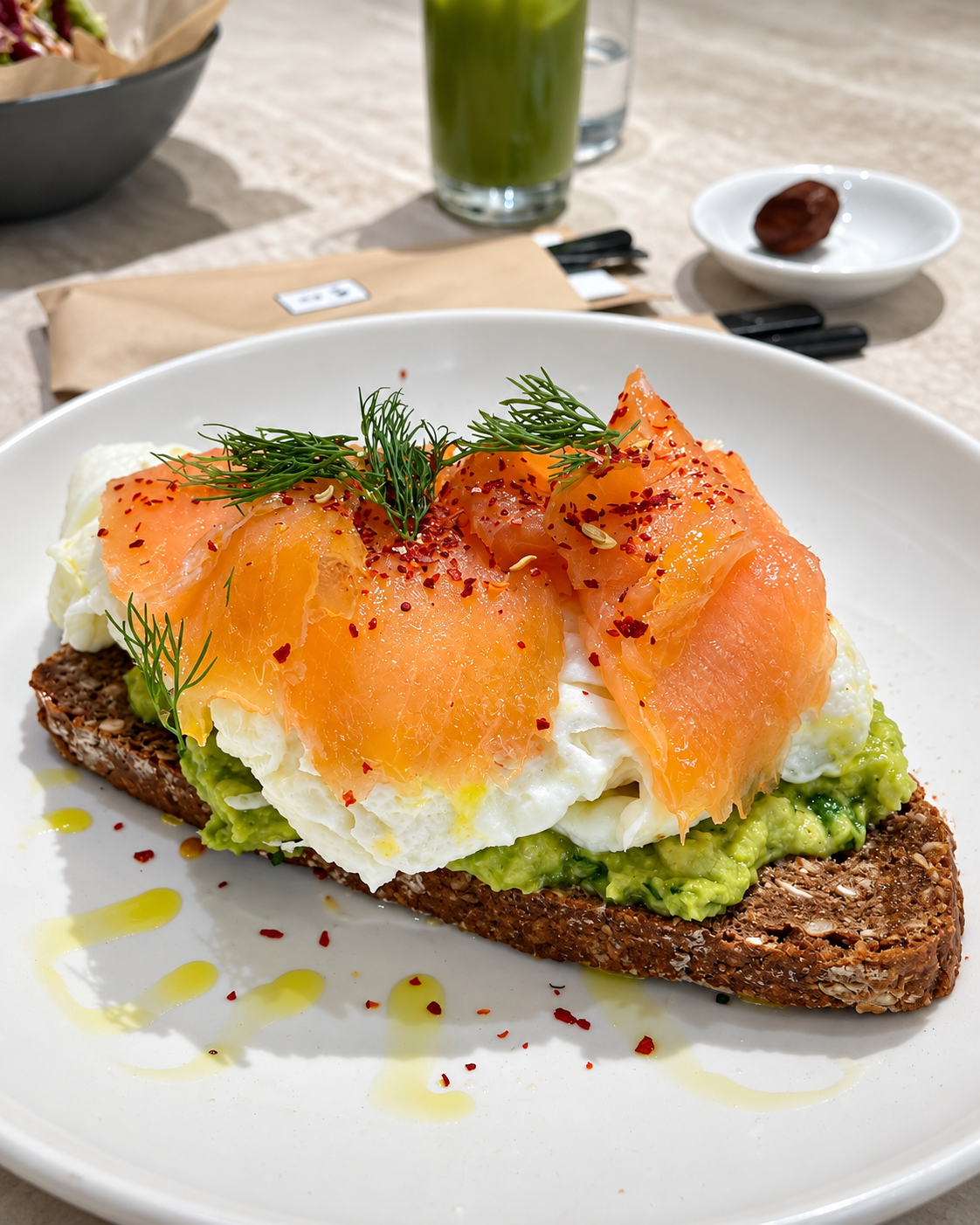 Avocado toast topped with smoked salmon and poached eggs at The Makers Athens.