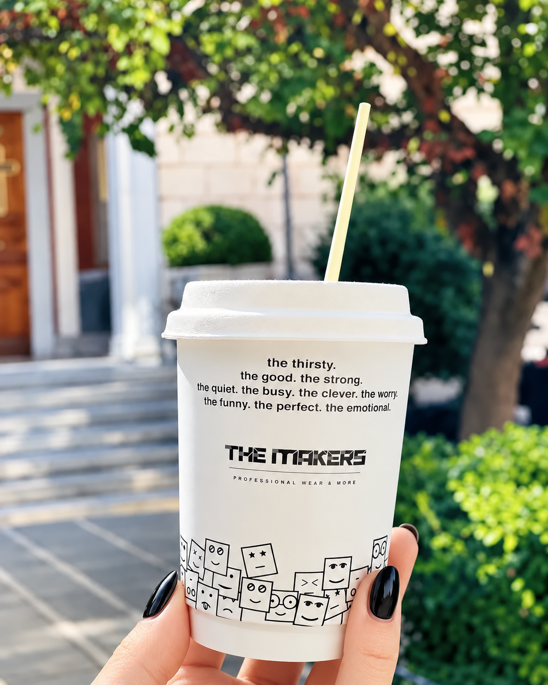 The Makers Athens takeaway coffee cup photographed outdoors in Athens, Greece.