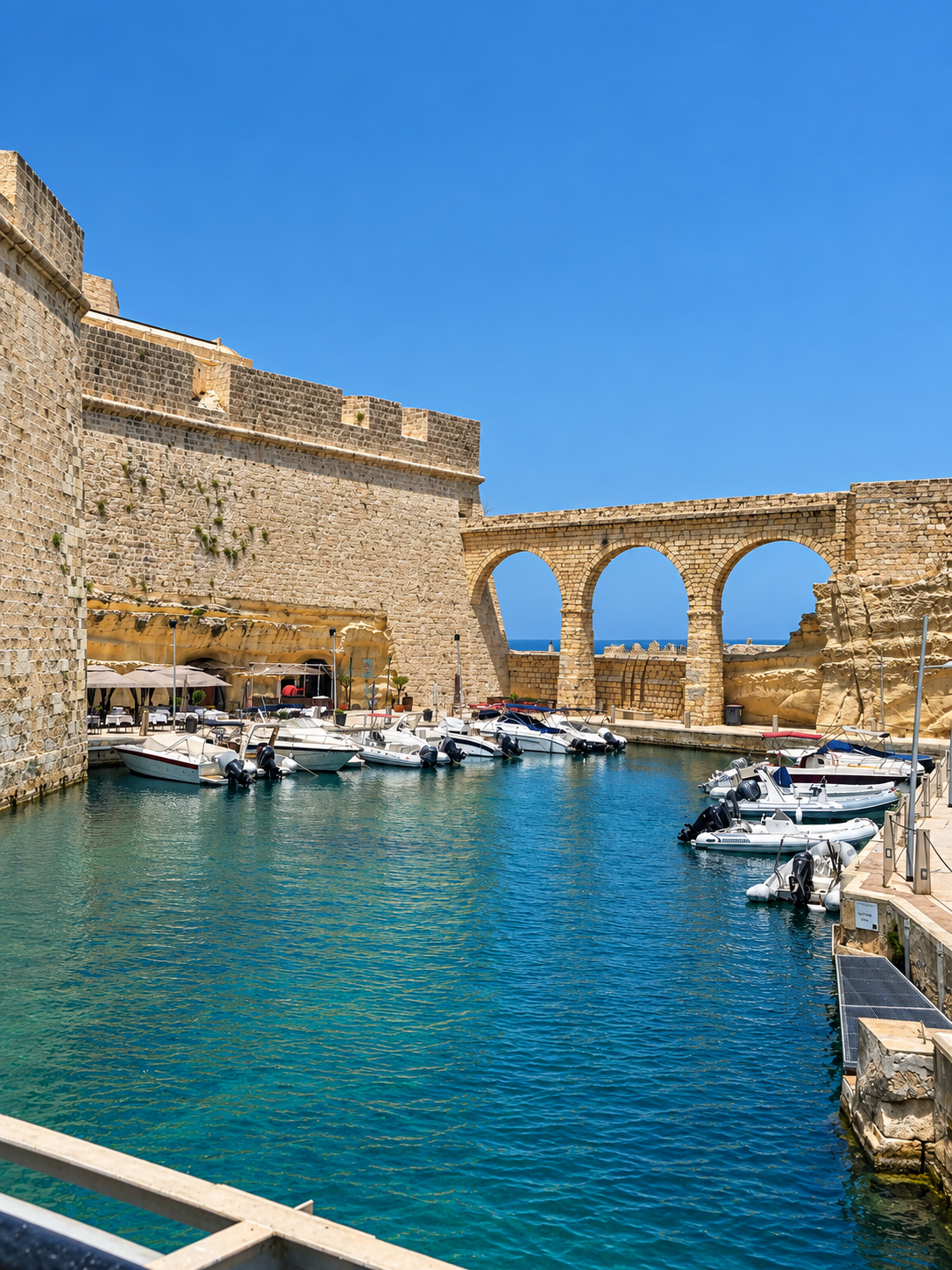 Yachts in a historic Valletta harbor surrounded by limestone fortifications and stone arches in Malta.