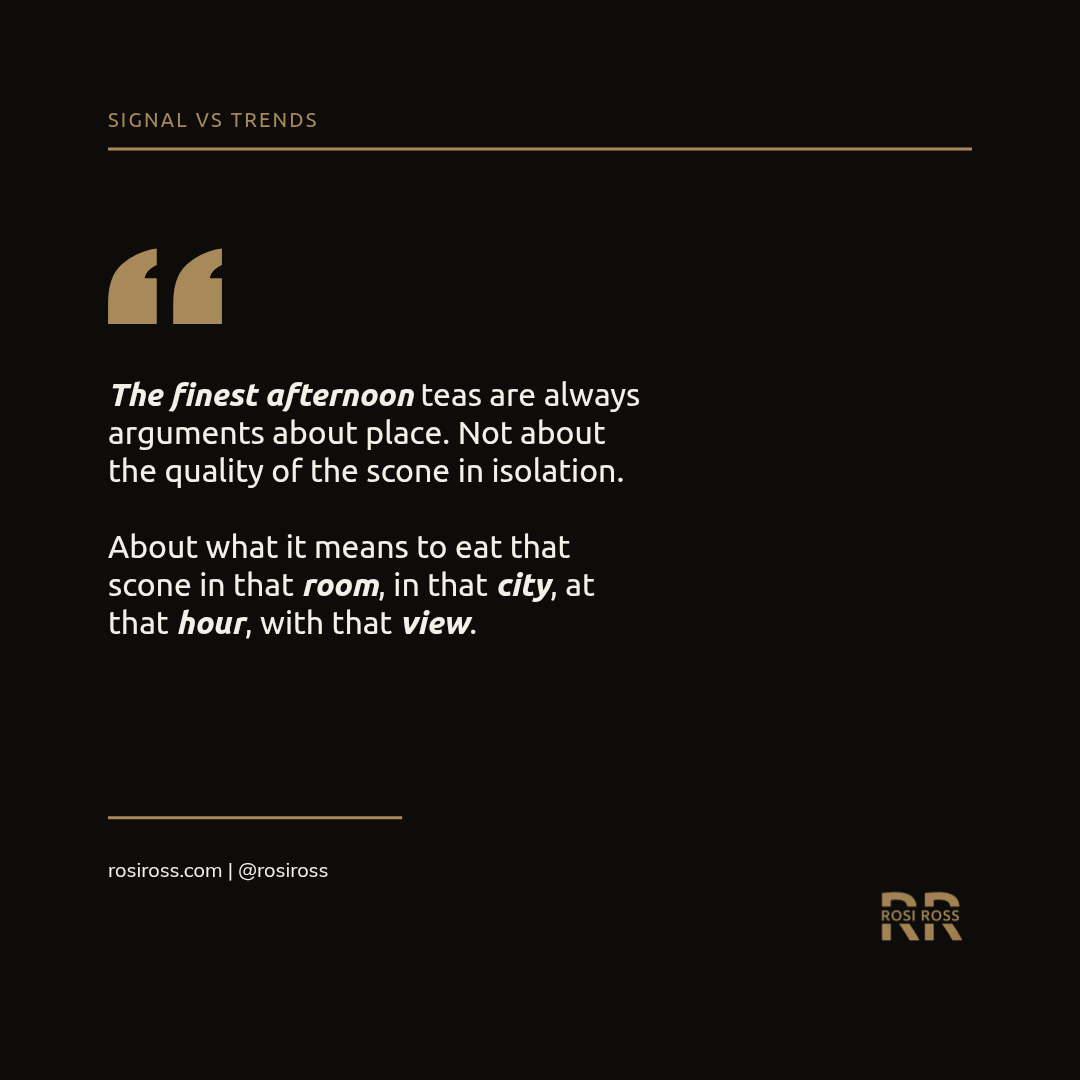 Rosi Ross quote about afternoon tea at Address Beach Resort Dubai, luxury hospitality, JBR, service design, culinary ritual, sense of place, and contemporary Dubai dining.
