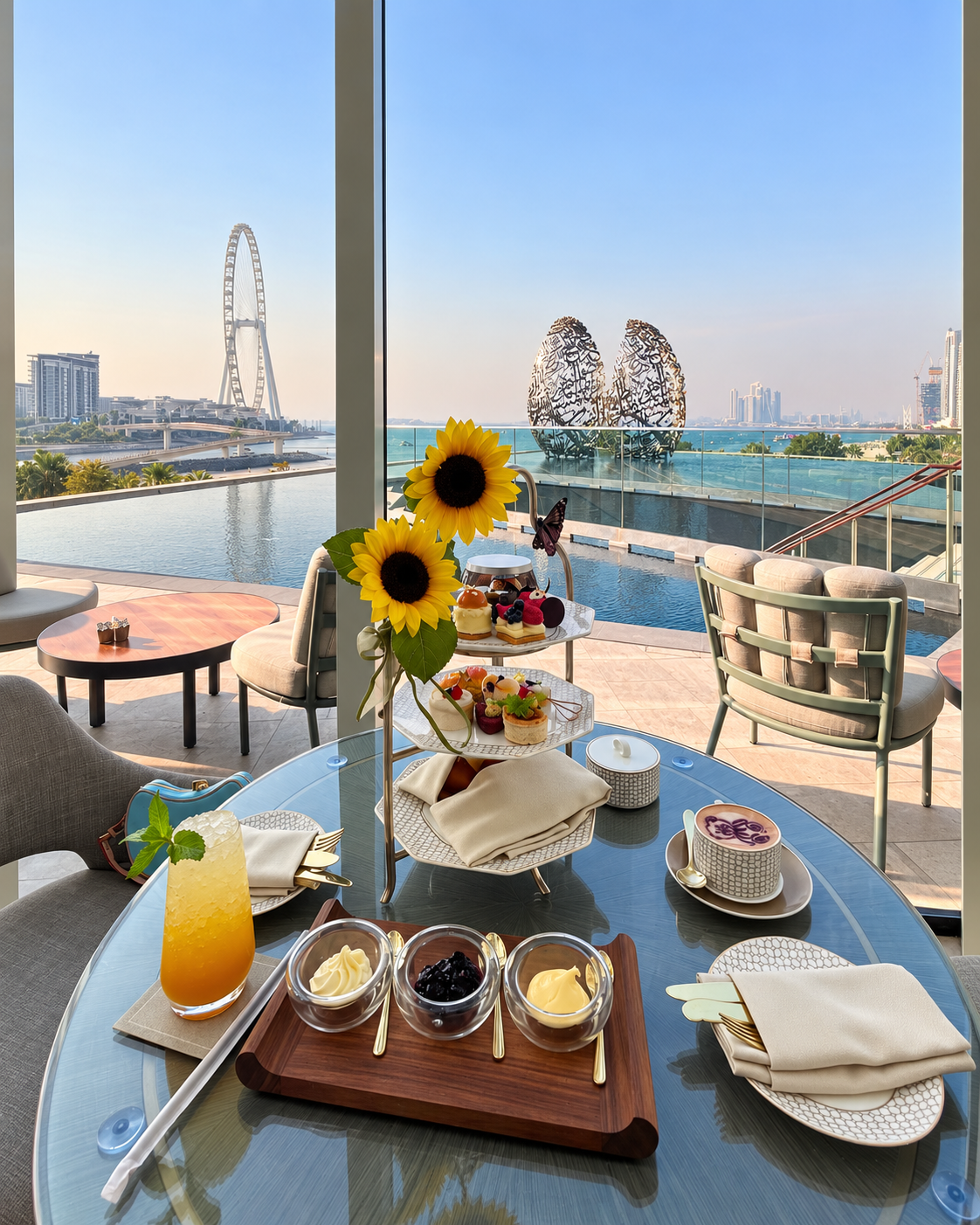 Afternoon tea setup on a glass table with a waterfront view, featuring sunflowers, a beverage, desserts, and spreads at The Address Marina