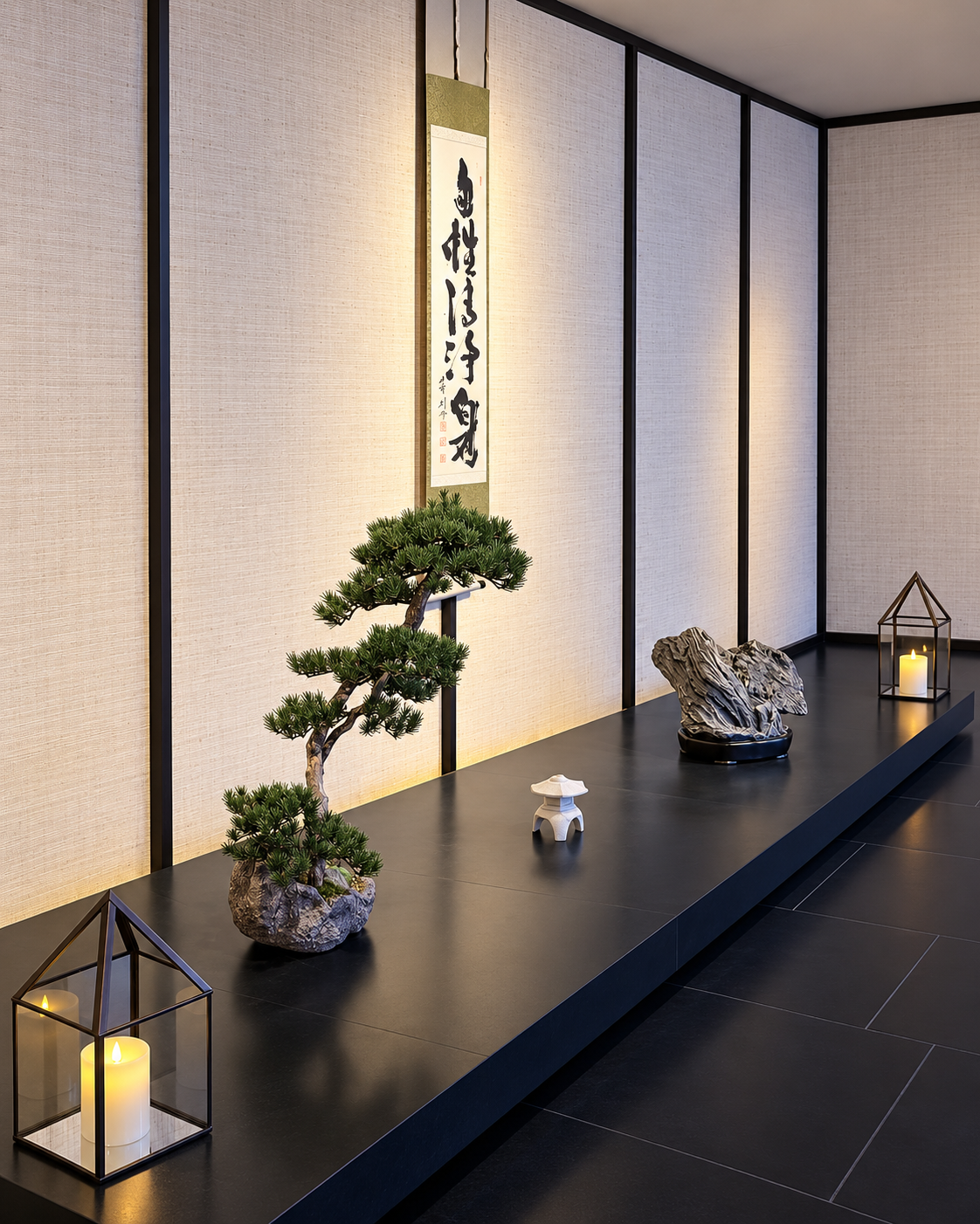 Bulgari Resort Dubai interior featuring bonsai styling, minimalist d&eacute;cor, and refined Japanese-inspired details.