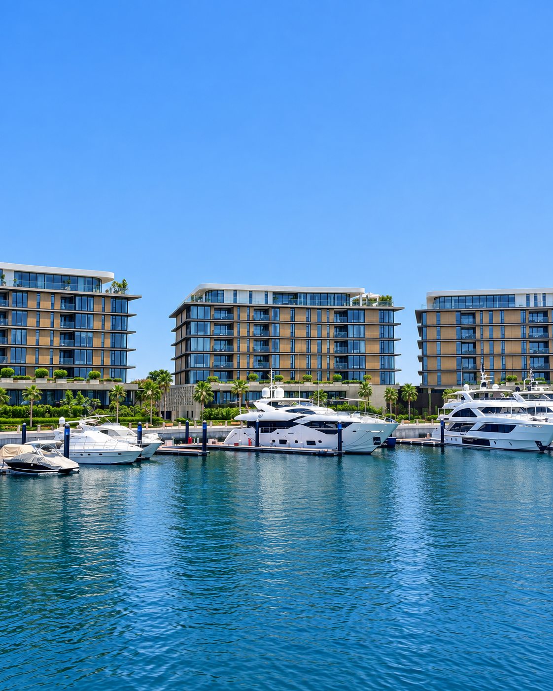 Bulgari Resort Dubai marina with luxury yachts, waterfront residences, and blue Arabian Gulf waters.