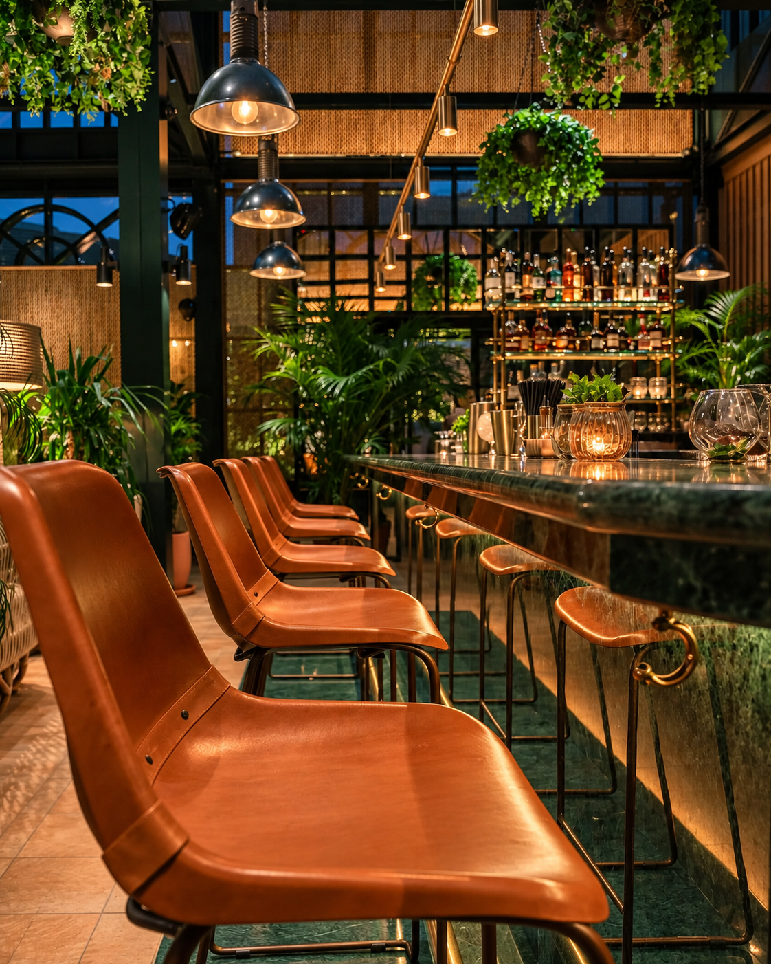 Stylish Bar Interior Design at Eugene Eugene Chic restaurant interior with leather bar stools, hanging lamps, and lush green plants at Eugene Eugene