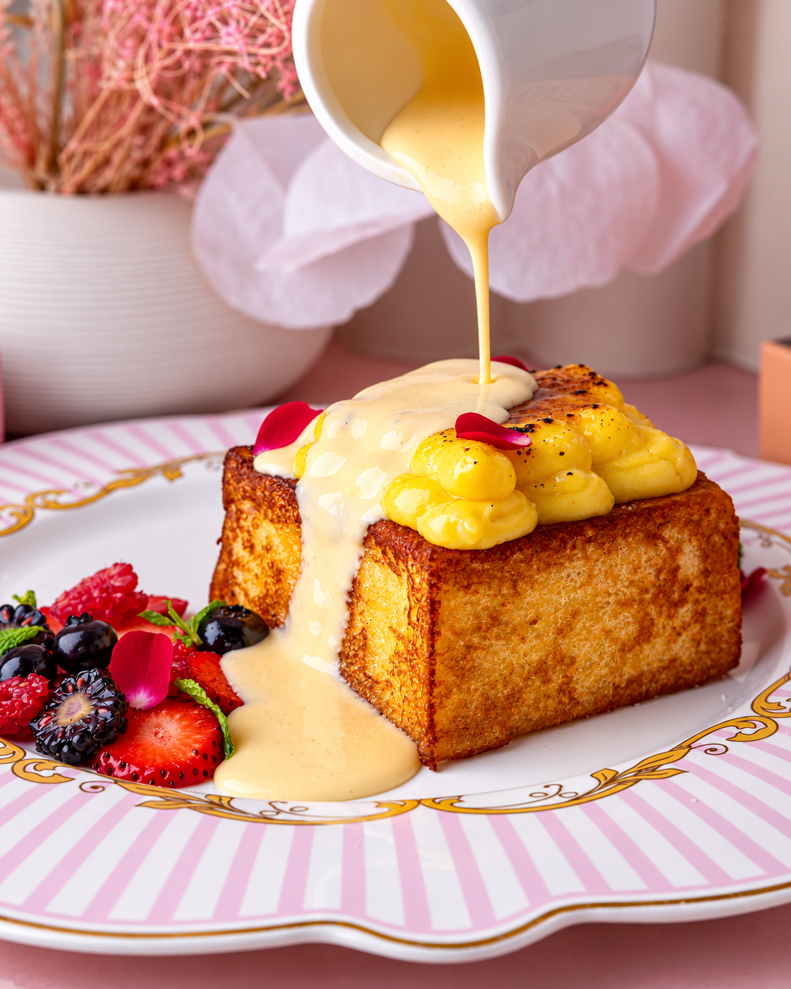 Delicious French toast topped with custard and fresh berries on a decorative plate at Saya Downtown