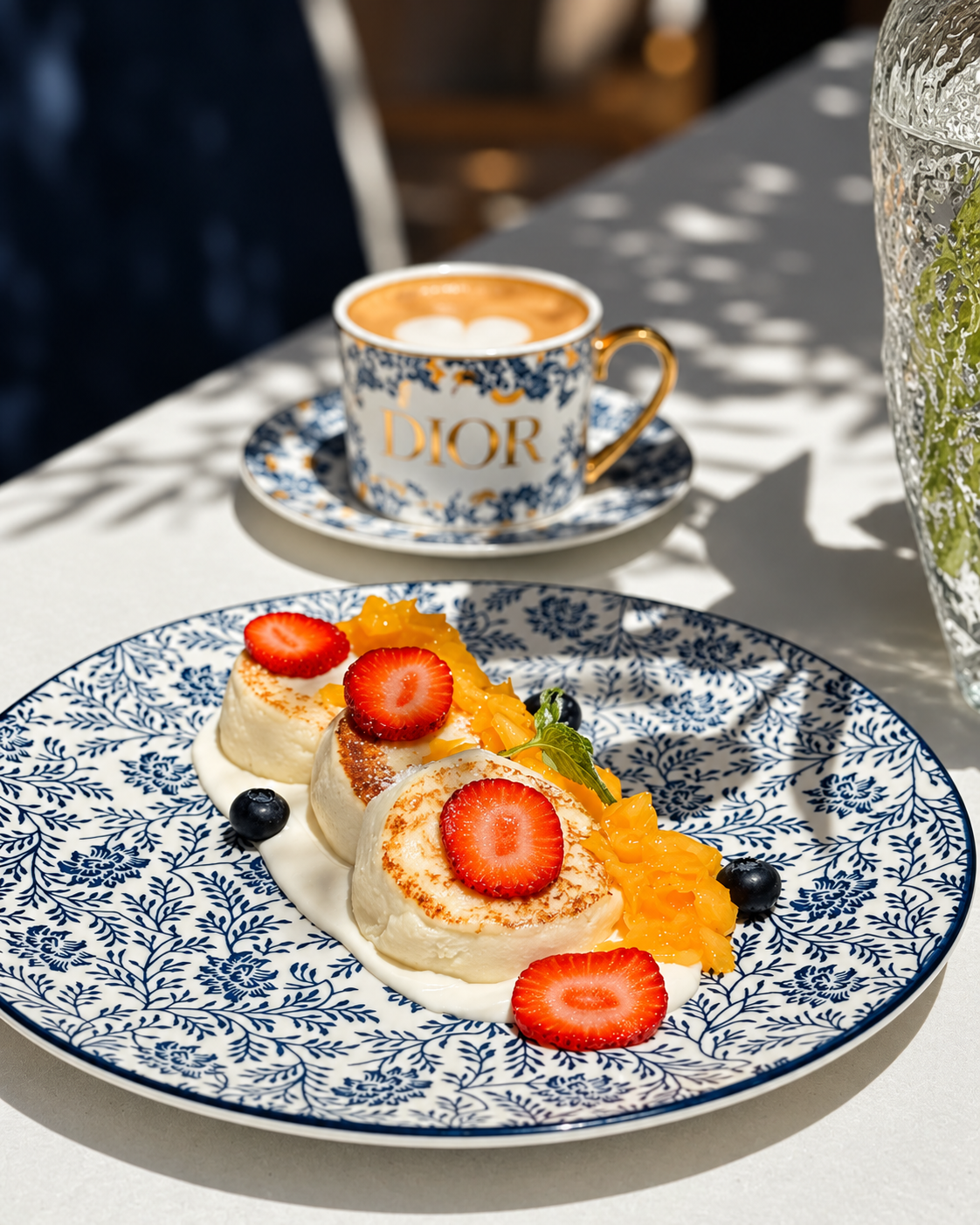 Elegant breakfast at Saya setting with cappuccino and gourmet dessert on a patterned plate.