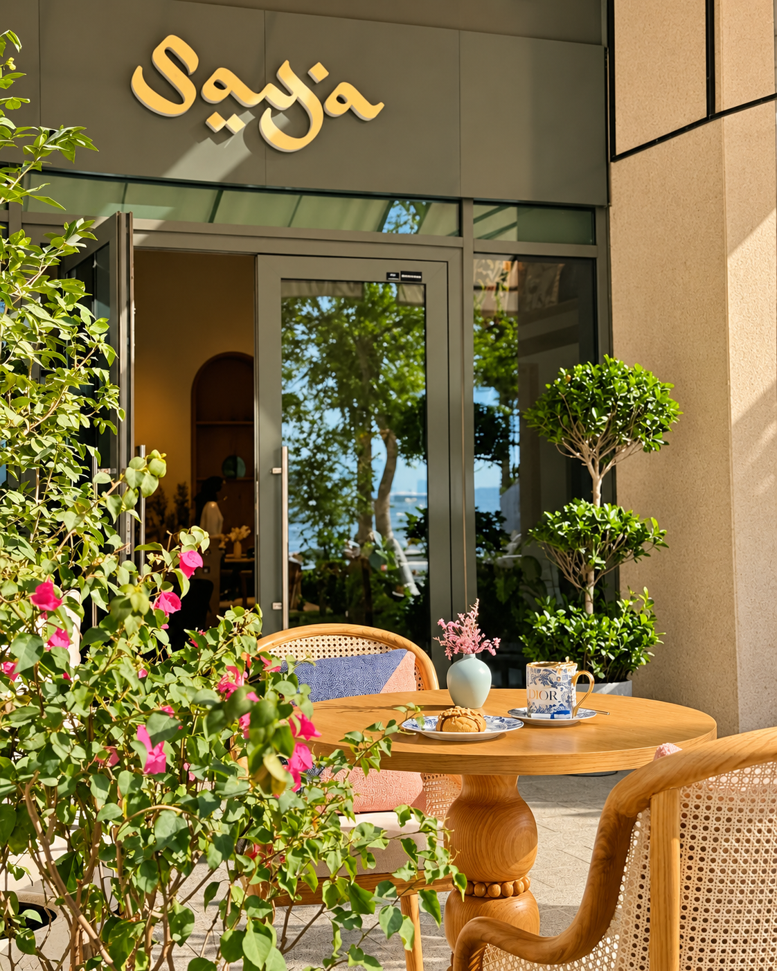 Cozy outdoor at Saya cafe setting with wooden table, floral decor, and cushioned chairs near a glass door entrance with 'Saja' sign.