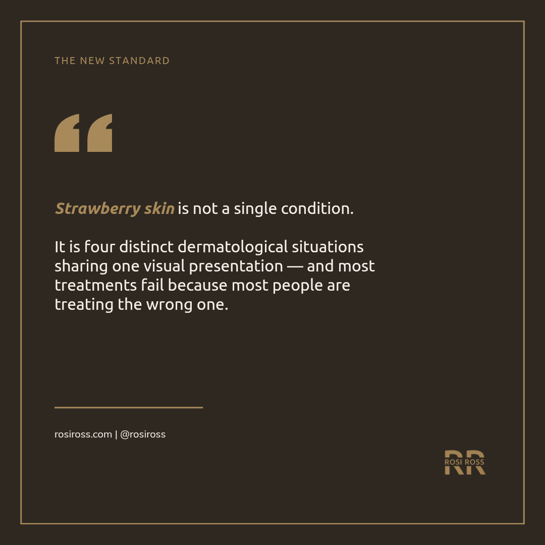 Rosi Ross quote about strawberry skin skincare, body care routines, smooth skin texture, exfoliation, hydration, and modern skincare rituals.