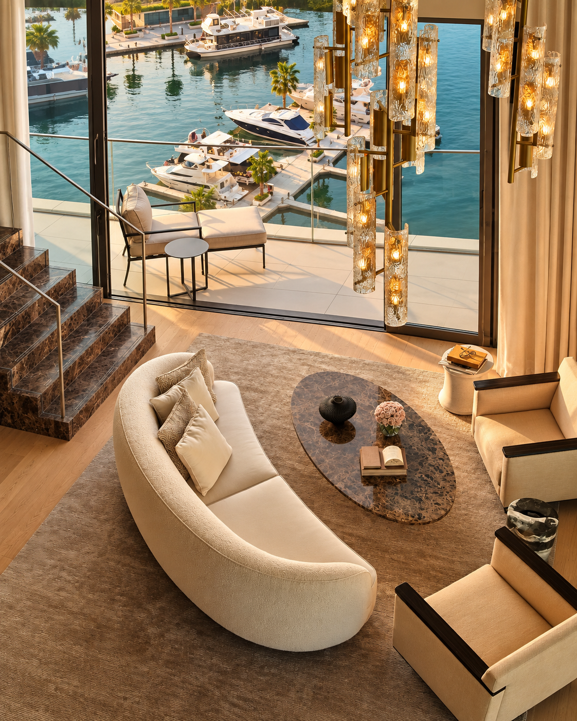 Luxurious Lobby Overlooking Marina at The Lana Dorchester Collection Luxurious living room with ocean view and modern design furnishings at The Lana Dorchester Collection