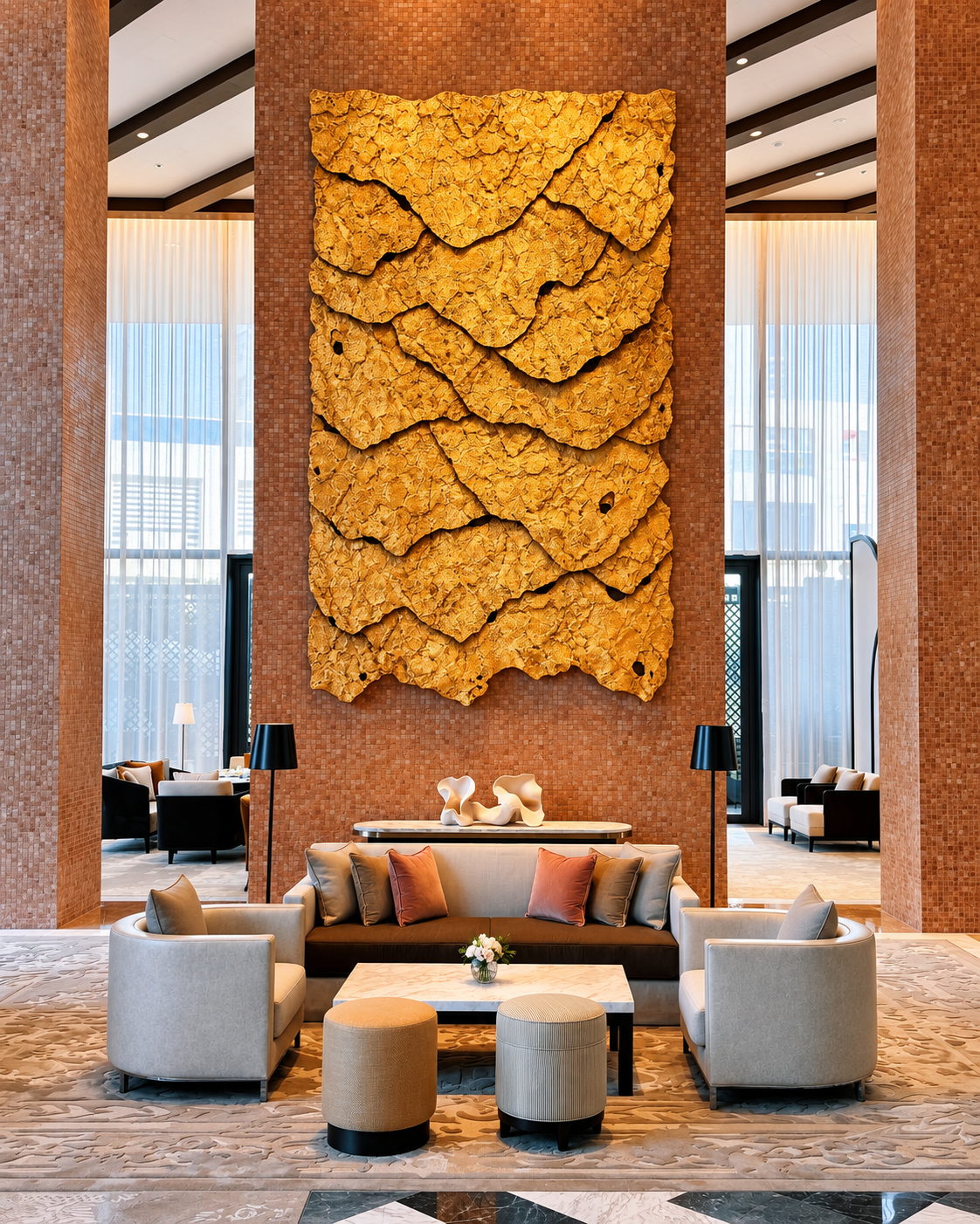 The Lana Dorchester Collection Luxury Lobby The Lana Dorchester Collection lobby with artistic wall display and modern furniture.