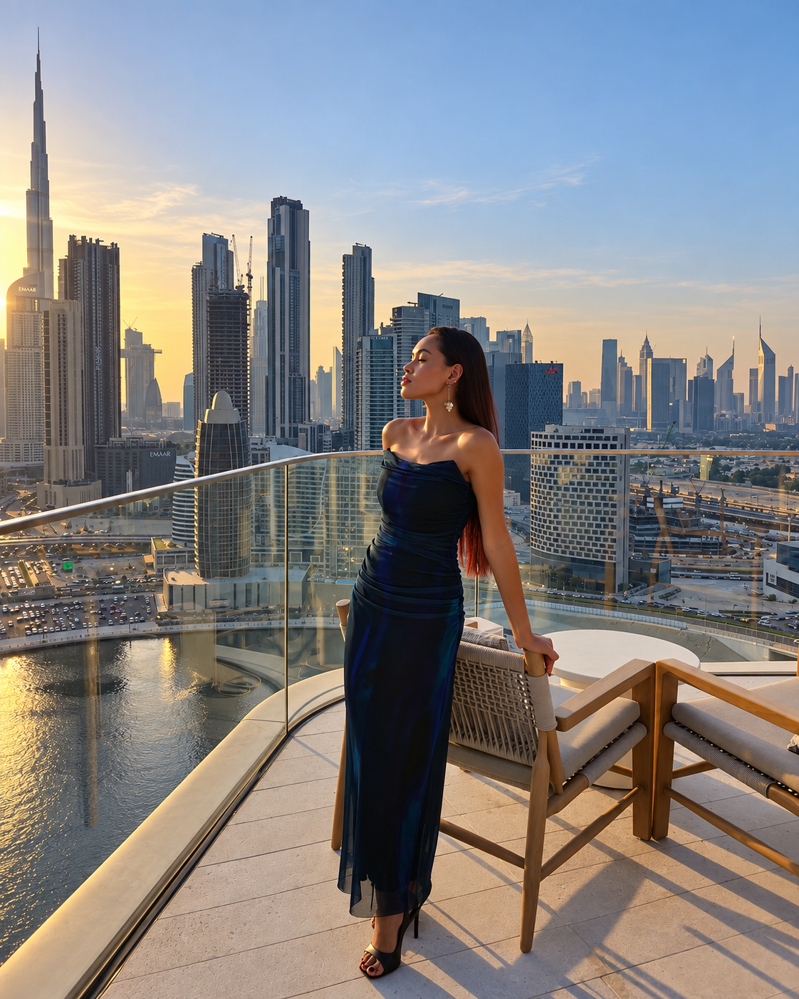 Rosi Ross Enjoying Skyline Sunset View at The Lana Dorchester Collection Rosi Ross in blue dress enjoying sunset view of skyscrapers from a rooftop at The Lana Dorchester Collection