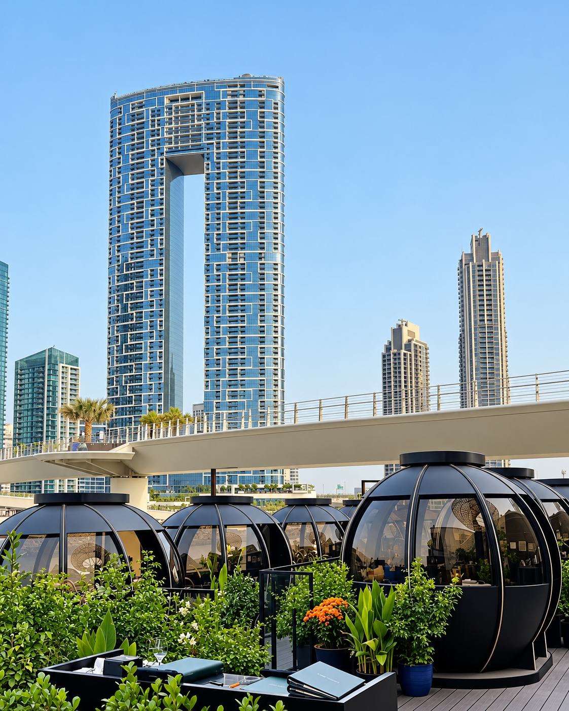 Modern black dining pods surrounded by green plants with Dubai cityscape and towering skyscrapers under clear blue sky