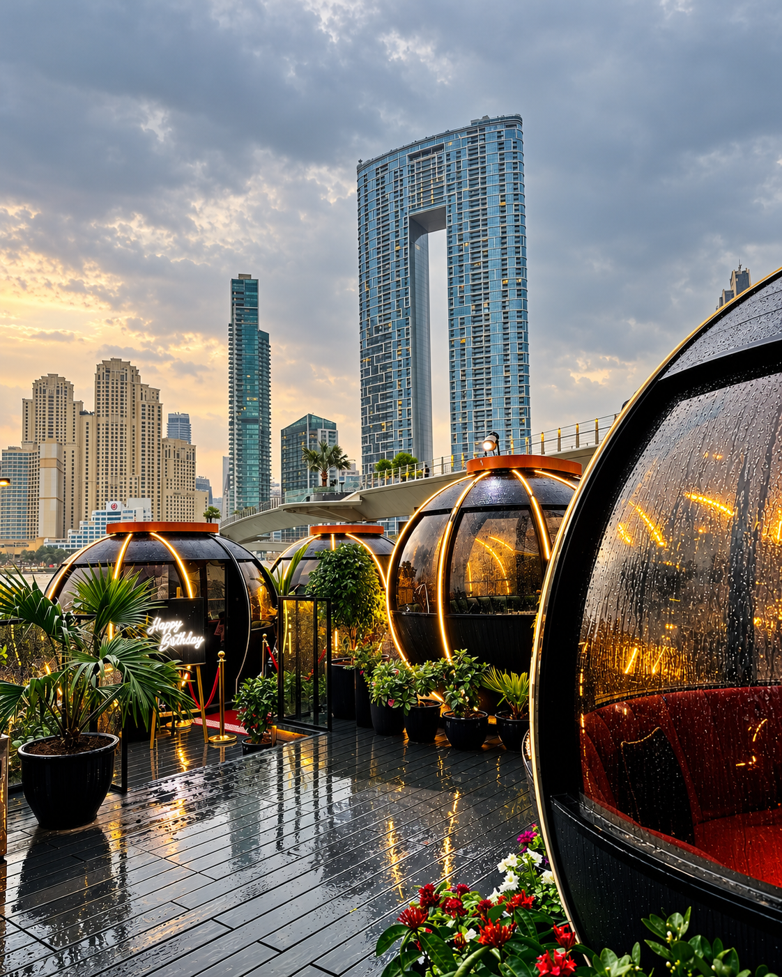 Modern rooftop garden with illuminated pods and skyscrapers.
