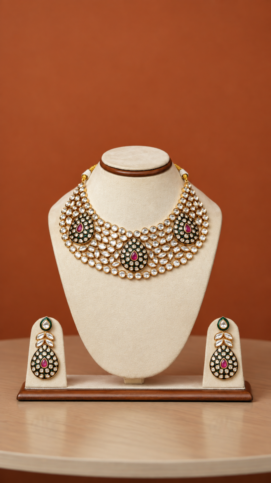 Elegant Gold Necklace Set from Tiramisu Intricate pearl and gemstone necklace with matching earrings displayed on a beige bust from Tiramisu