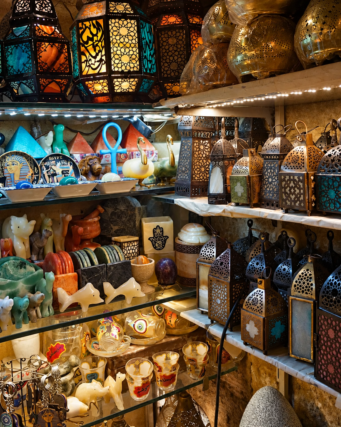 Assortment of craved and decoration handmade goods at Al Khalili Cairo Market A display of colorful lanterns and souvenirs in a shop, featuring intricate designs and patterns at Al Khalili