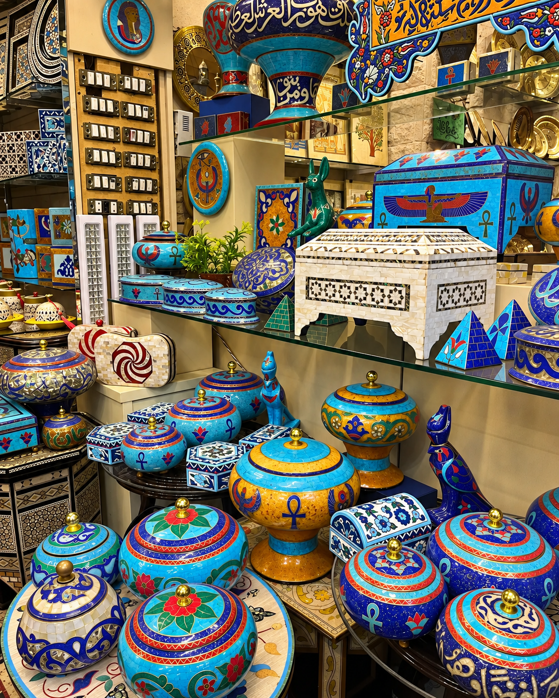 Colorful Egyptian Crafts Display Al Khalili Cairo Market Colorful assortment of hand-painted ceramic and wooden crafts with Egyptian motifs on display in a shop.