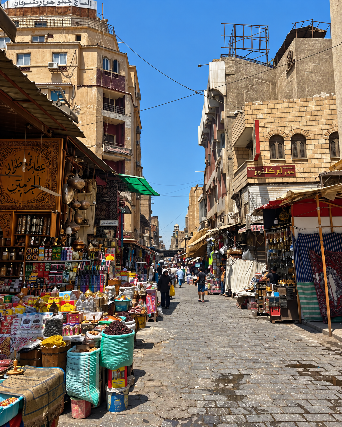 Al Khalili Cairo Market Street Shopping Busy street market in a Middle Eastern city with stalls selling spices and goods, surrounded by tall buildings at Al Khalili