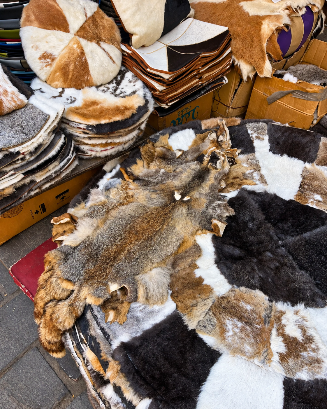 Animal Furs and Hides Display at Al Khalili Cairo Market Diverse animal furs and hides displayed at a market at Al Khalili