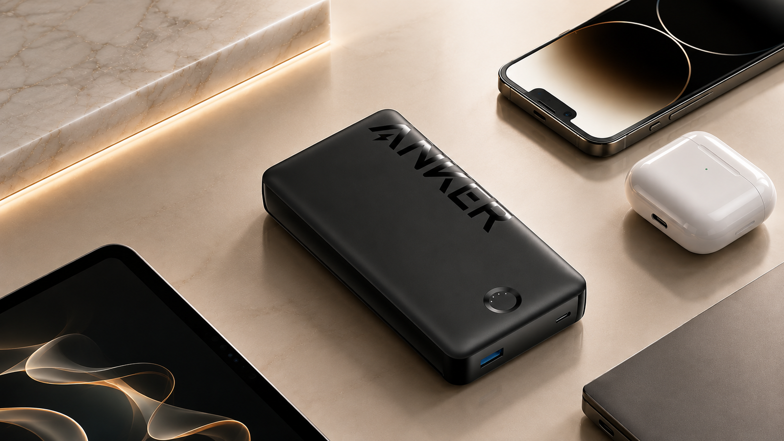 Rosi Ross editorial banner about Anker travel essentials, portable power banks, chargers, wireless charging, noise-cancelling earbuds, and reliable power for modern travel.