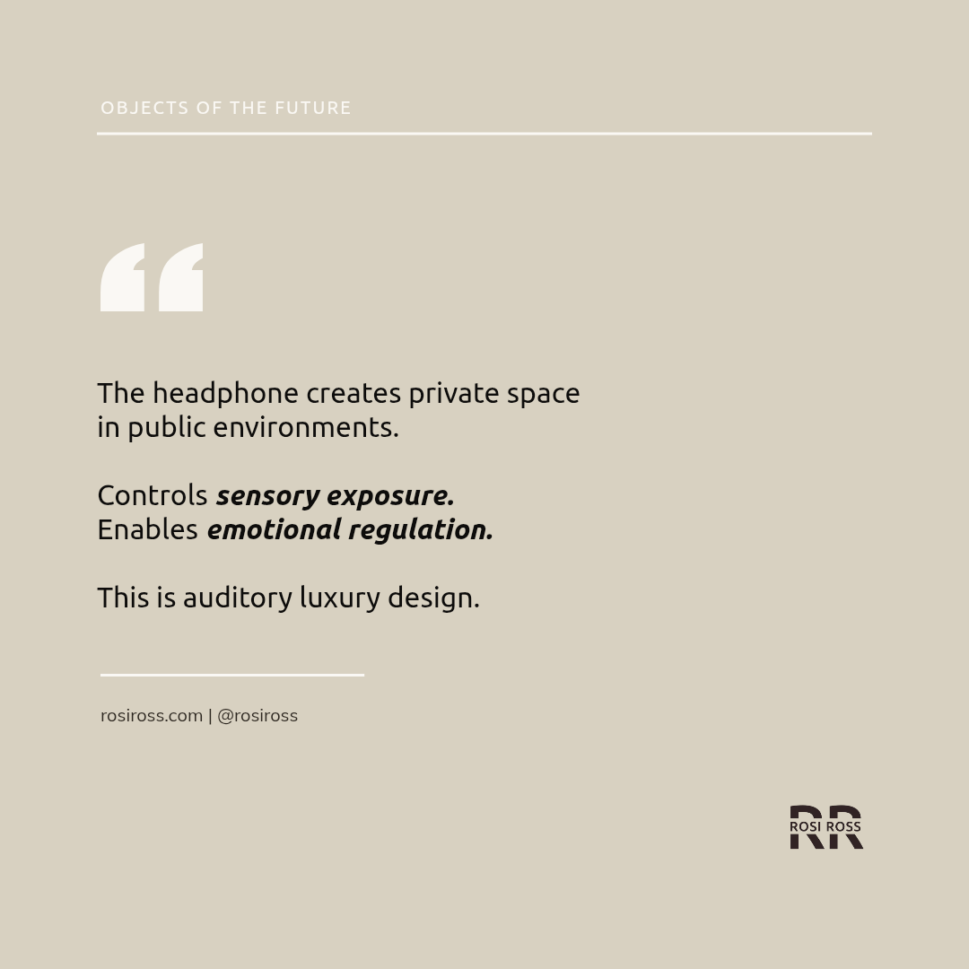 Rosi Ross quote about APOS Audio luxury headphones, high-fidelity sound, sensory design, personal atmosphere, emotional experience, and the evolution of auditory luxury.