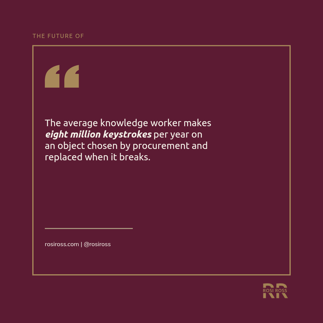 Rosi Ross quote about Apos keyboards, ergonomic technology, productivity tools, digital workspaces, and the future of typing experiences.