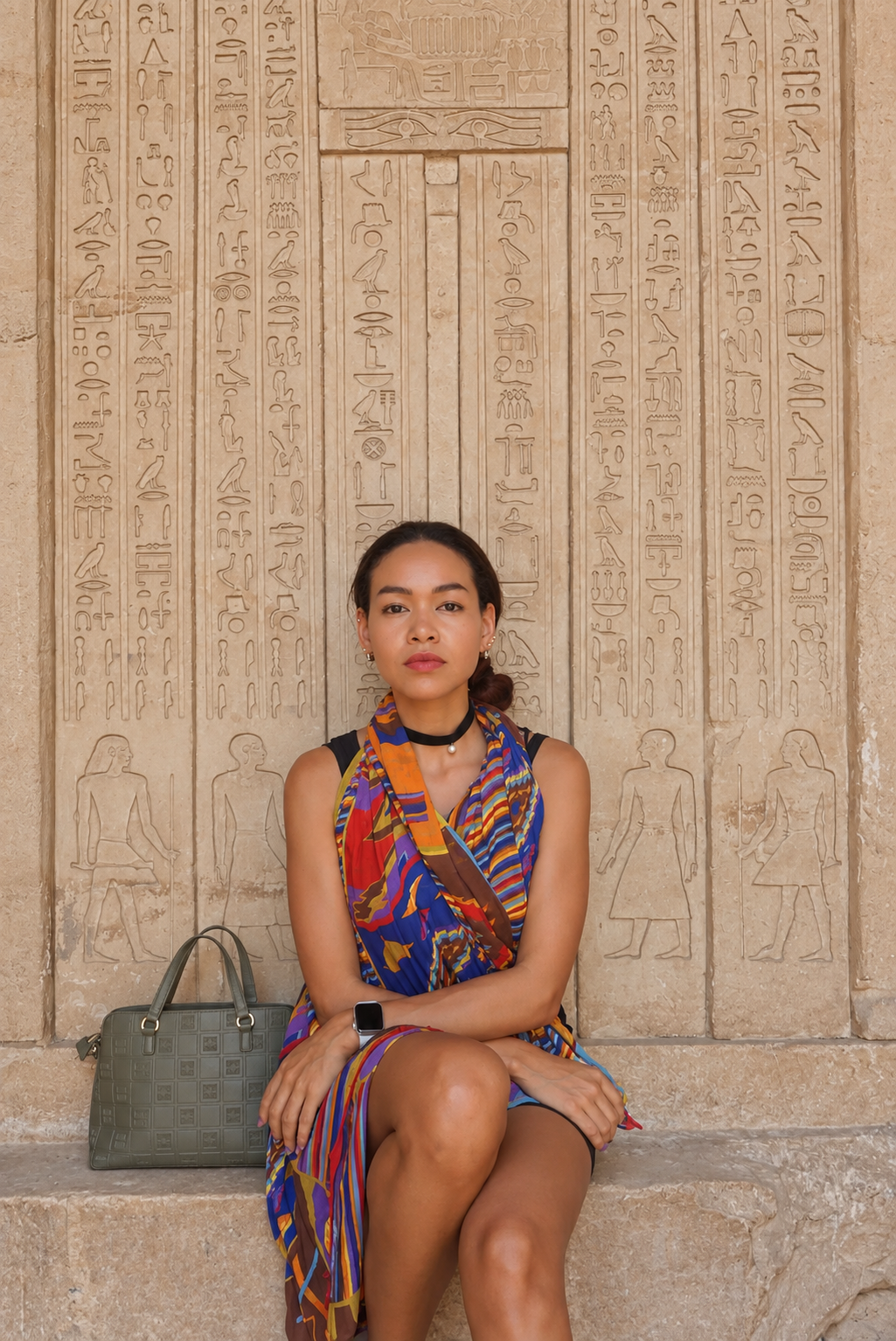Rosi Ross Saqqara visit with Hieroglyphs Rosi Ross sitting in front of ancient Egyptian hieroglyphs at Saqqara.