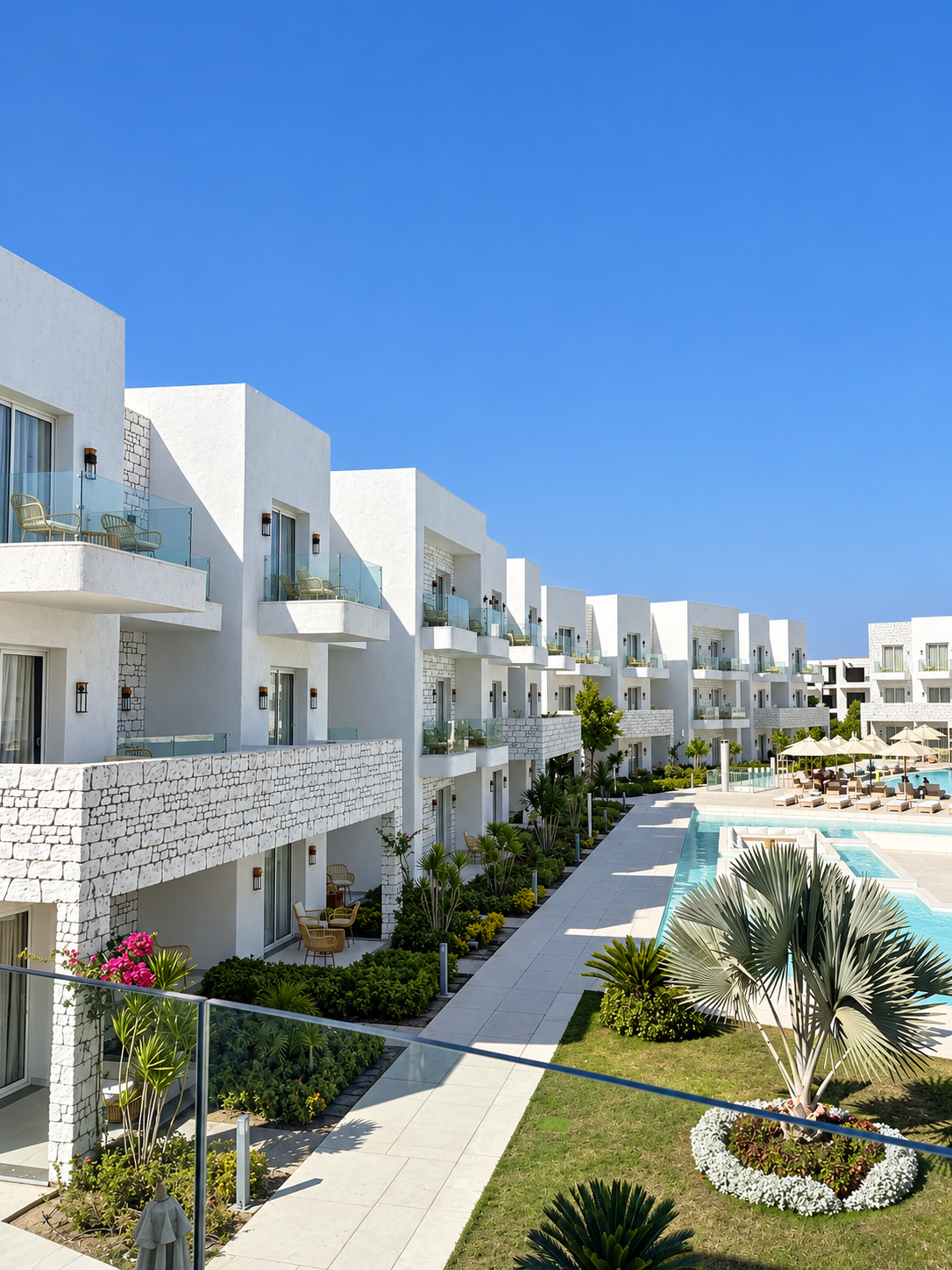 Modern Resort with Pool at Tanoak Resort in Ain Sokhna Luxurious modern resort with white architecture, surrounded by a clear blue sky and a pristine pool at Tanoak Resort in Ain Sokhna