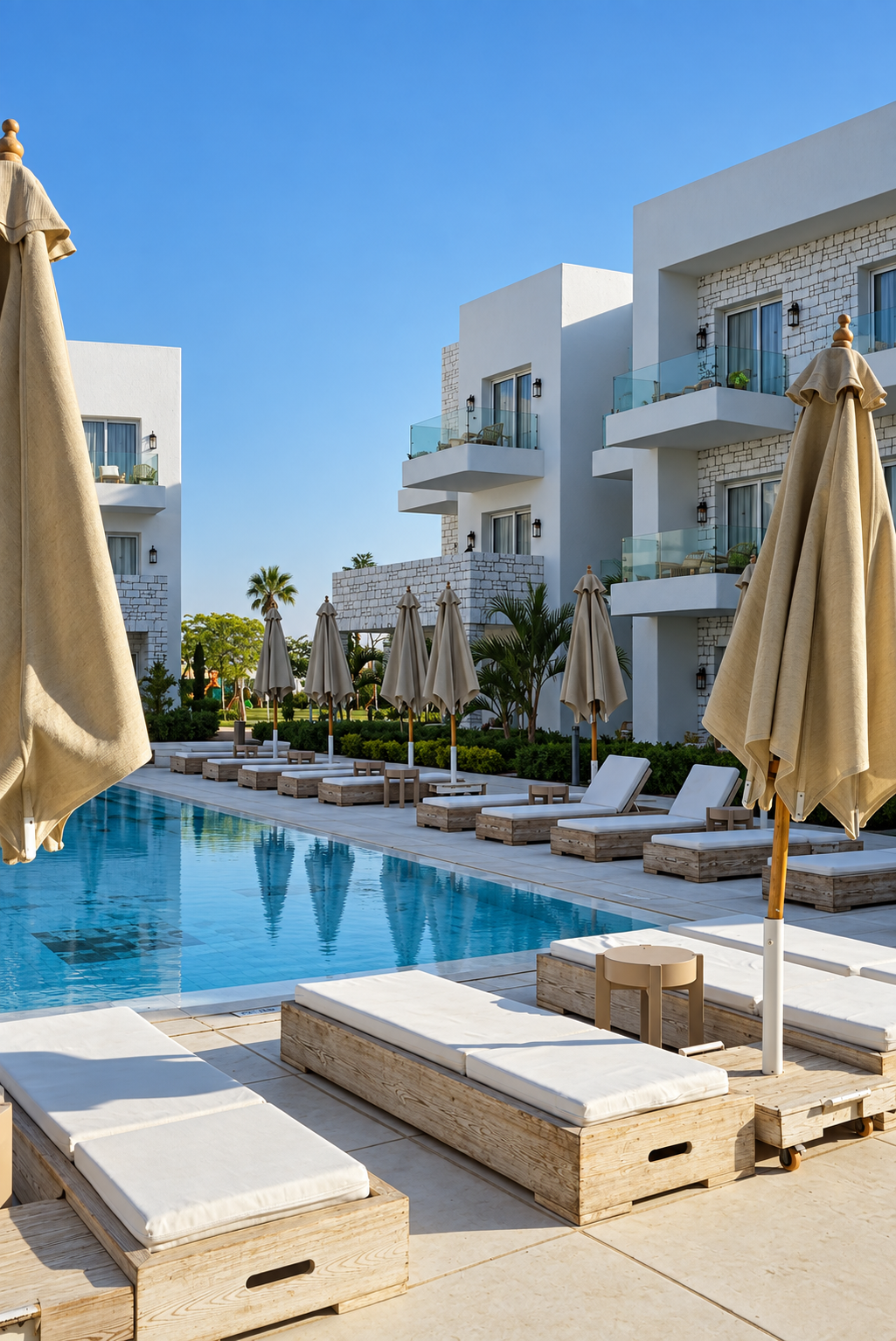 Poolside atmosphere at Tanoak Resort in Ain Sokhna Luxury resort pool area with modern buildings, sun loungers and umbrellas at Tanoak Resort in Ain Sokhna