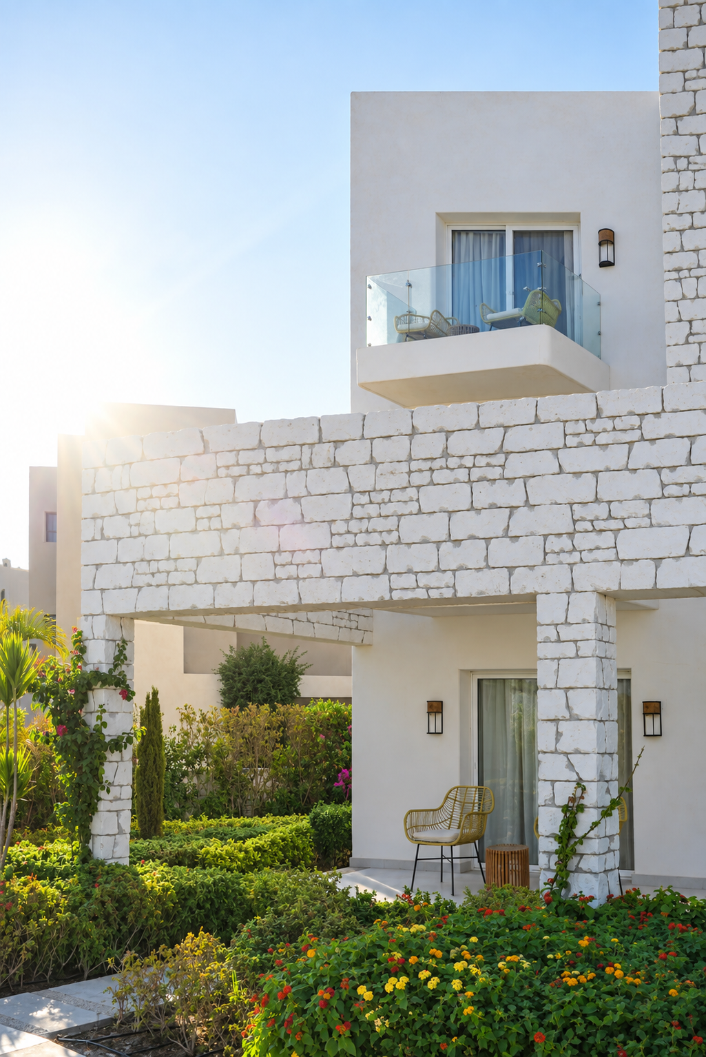 Gardens and views at Tanoak Resort in Ain Sokhna Modern white stone villa with balcony and garden at Tanoak Resort in Ain Sokhna