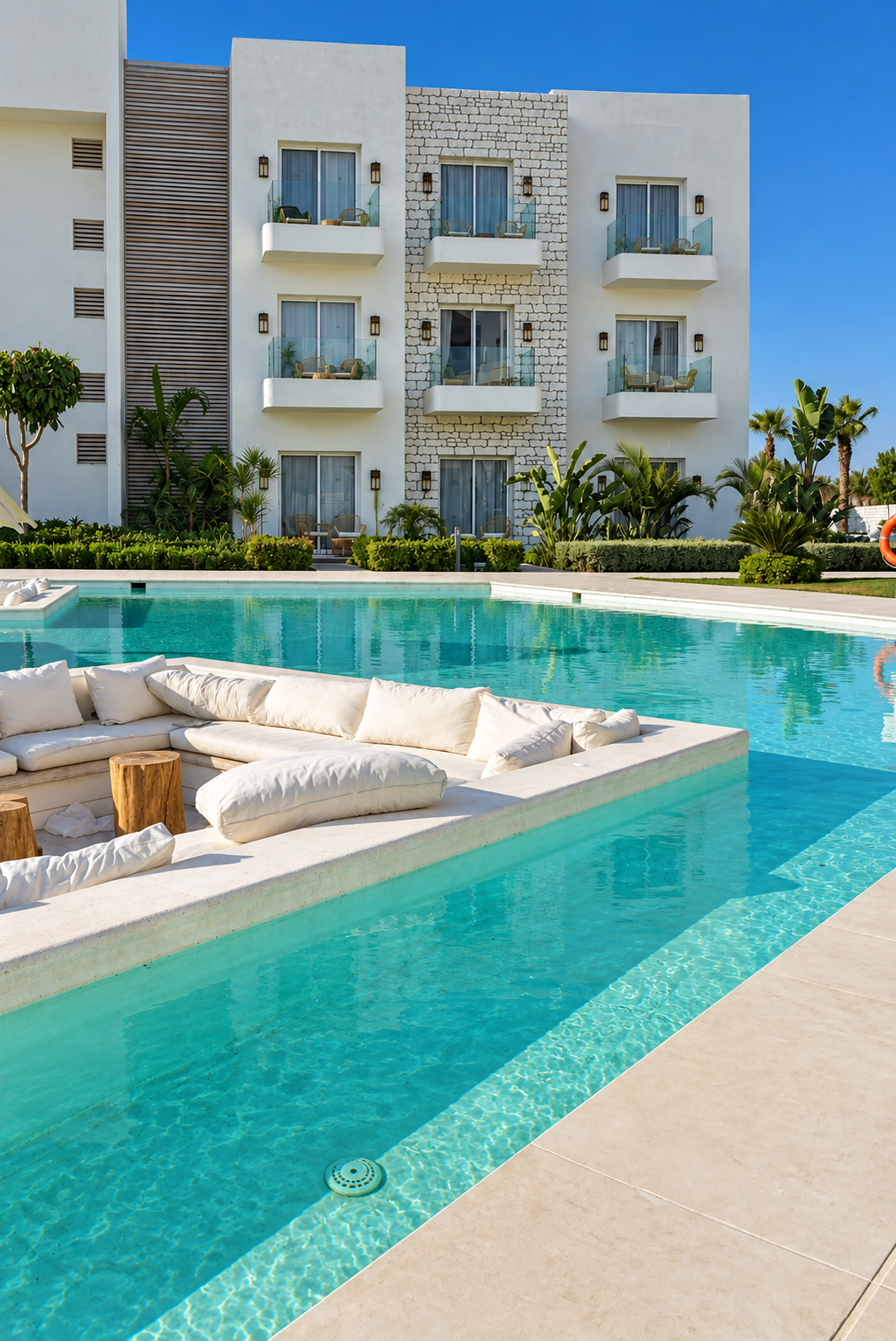 Pool area at Tanoak Resort in Ain Sokhna Modern building with pool and outdoor seating area at Tanoak Resort in Ain Sokhna