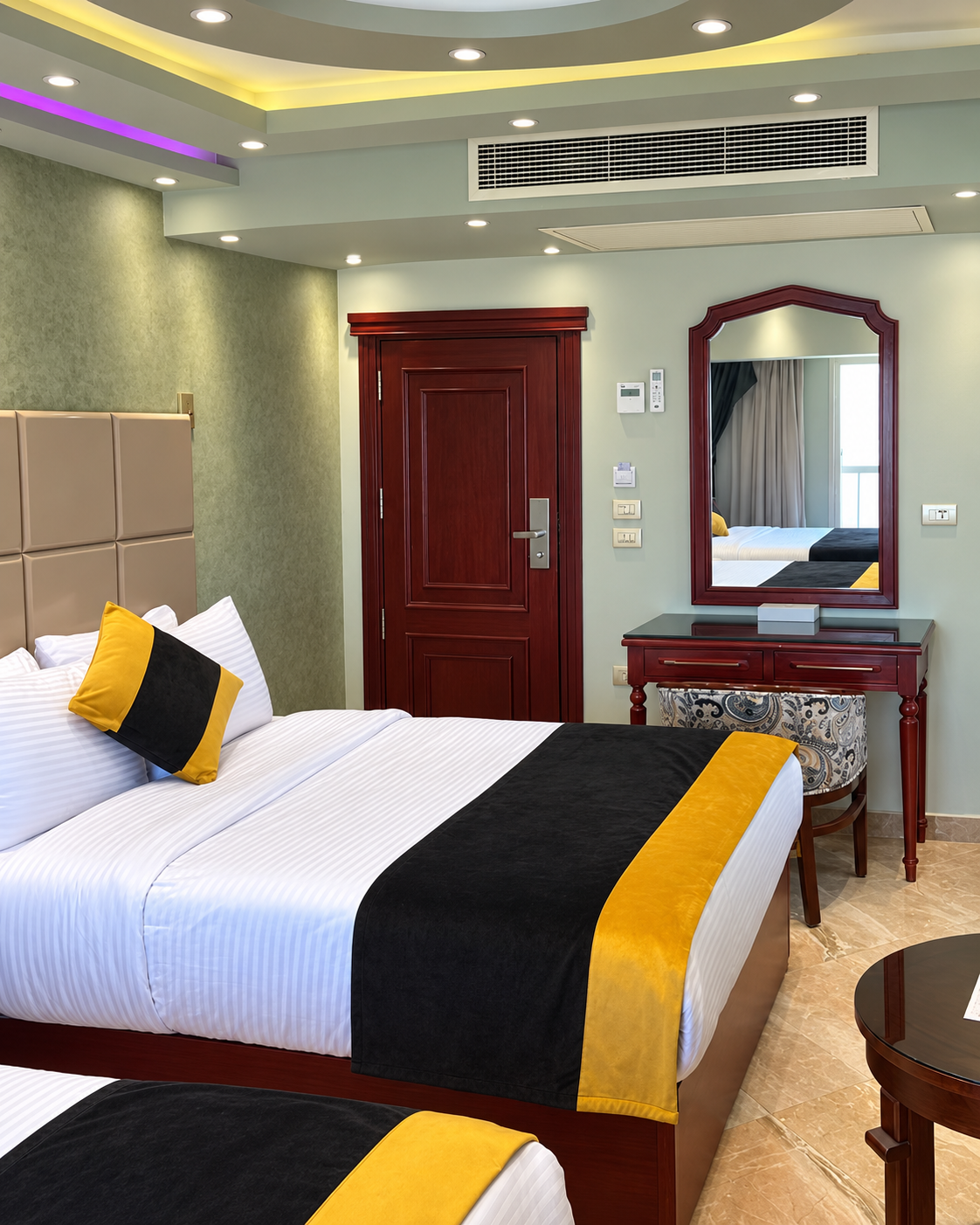 Elegant Nile Heaven Cairo Room Interior Modern Nile Heaven Cairo room interior with twin beds and stylish decor
