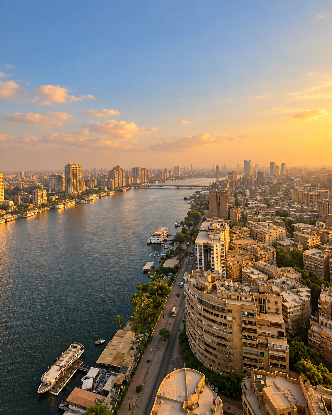 Cityscape view at Sunset from Nile Heaven Cairo Aerial view of the Nile River in Cairo during sunset with city buildings on both sides from Nile Heaven Cairo