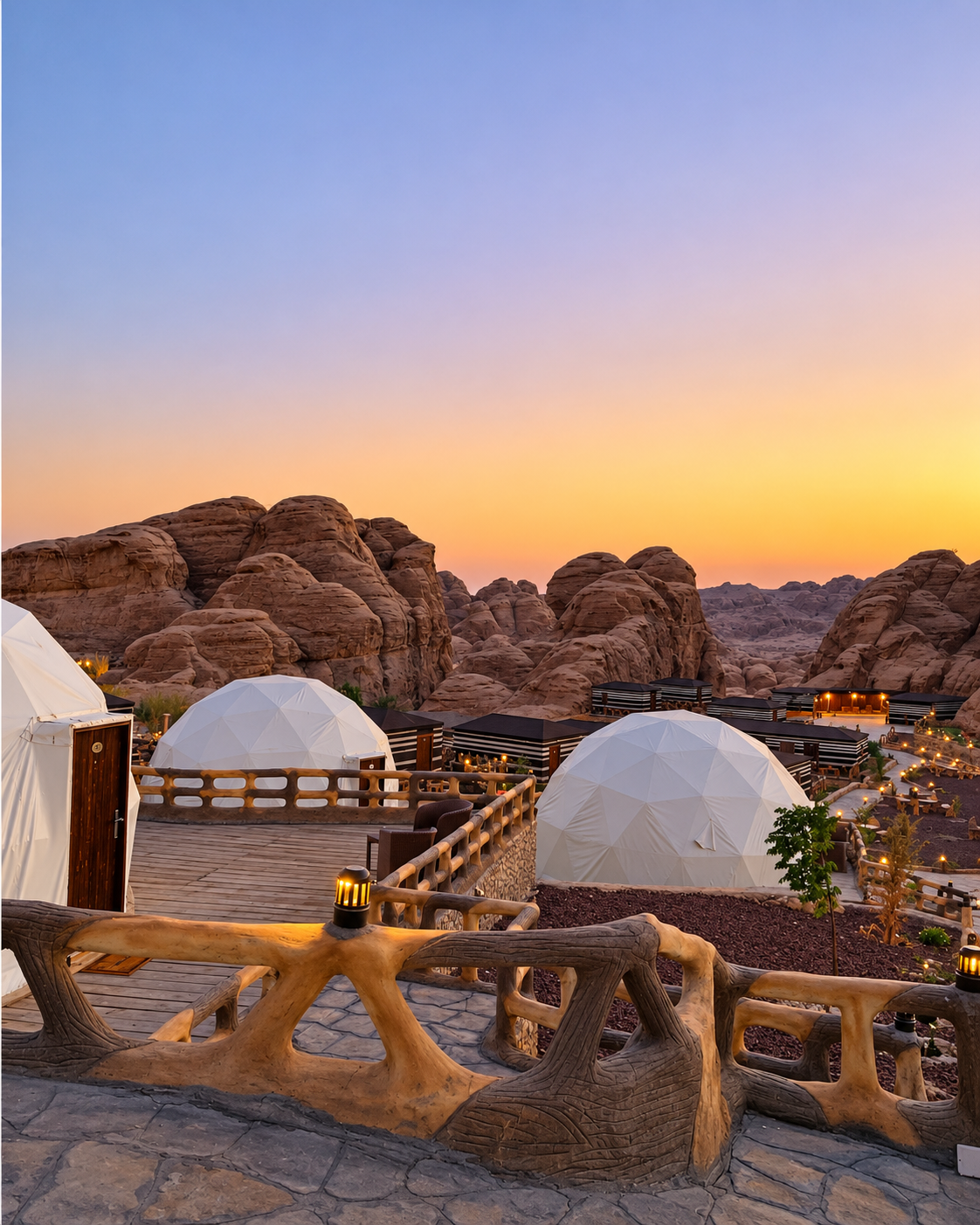 Desert Dome Resort at Sunset at Seven Wonders Luxury Camp Petra Dome tents in desert landscape at sunset at Seven Wonders Luxury Camp Petra