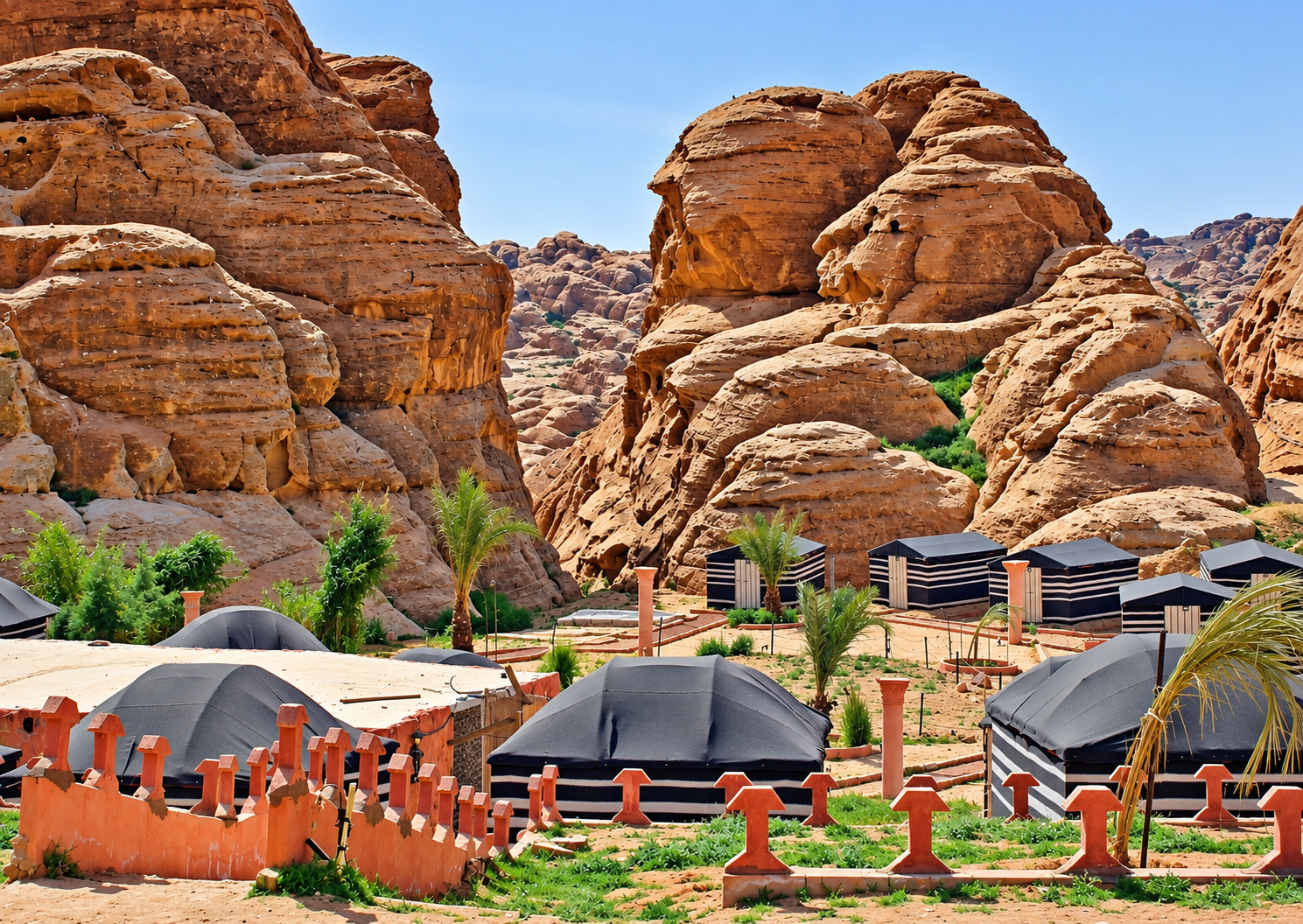 Bedouin Tents in Mountain Desert at Seven Wonders Luxury Camp Petra Traditional black tents set against a rugged desert landscape with rocky formations and sparse vegetation at Seven Wonders Luxury Camp Petra
